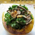 Vegan friendly Acorn stuffed squash recipe with kale and mushrooms