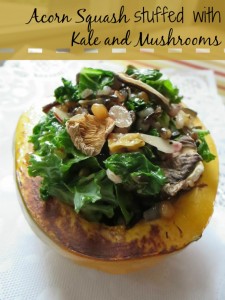 Vegan friendly Acorn stuffed squash recipe with kale and mushrooms