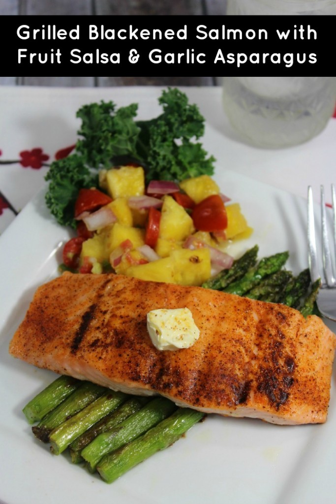 Blackened Salmon with Fruit Salsa and Garlic Asparagus