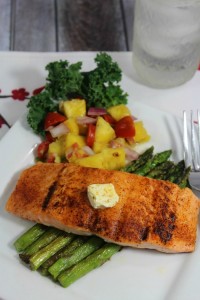 Grilled Blackened Salmon with Fruit Salsa and Garlic Asparagus recipe