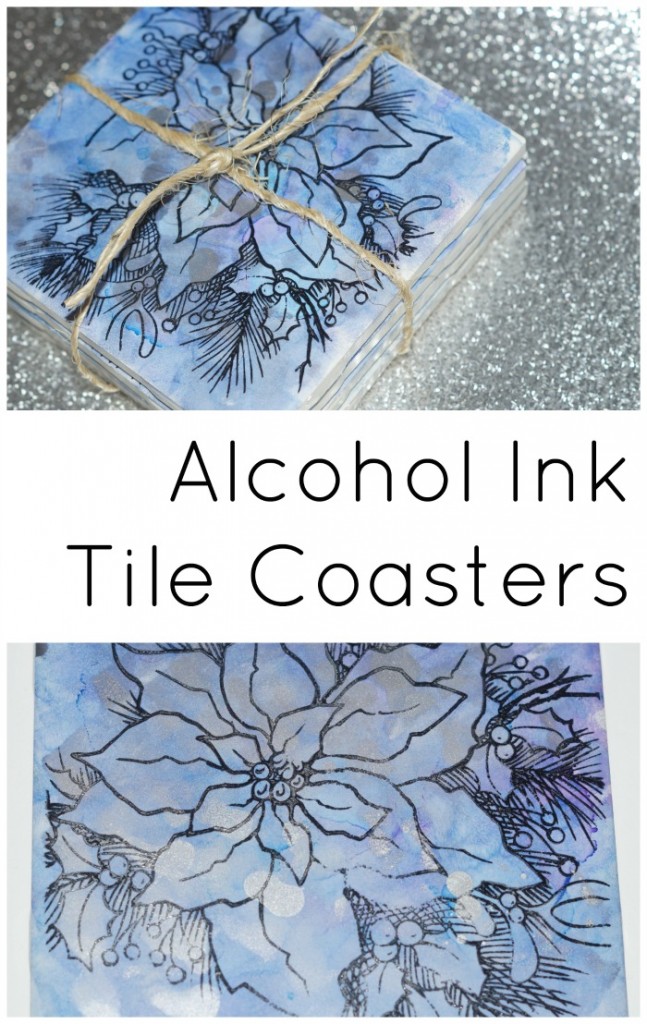 Stamped alcohol ink upcycled tile coasters