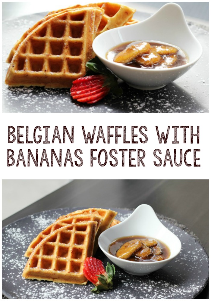 Belgian waffles with Bananas Foster sauce, made from scratch.