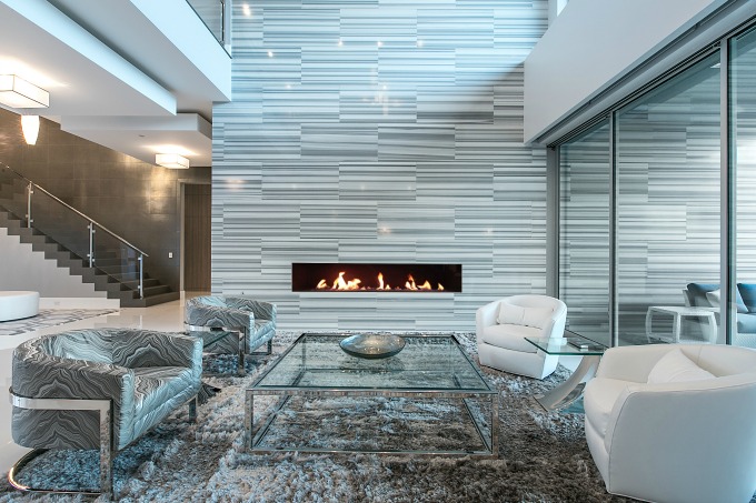 Marble used in a very modern fireplace update