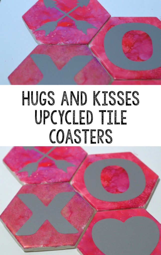 Hugs and Kisses upcycled tile coasters for Valentine's Day