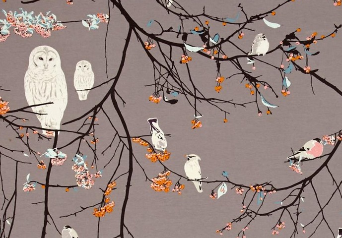 Birds on branches jersey knit fabric