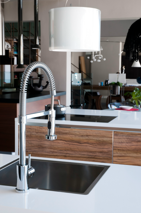 High end faucet in a remodeled kitchen