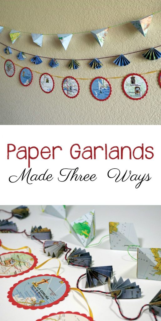 Learn to make DIY paper garland in three different styles. Crane Egg, Fans, and Stacked Circles. We used maps, but you can use anything. Great for backdrops or holiday decorations too