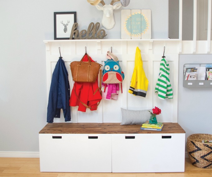 Take two ikea benches and turn them into a mudroom bench system