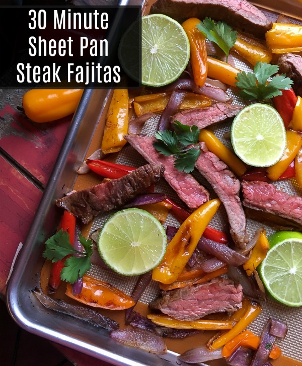 Make these quick and easy Steak Sheet Pan Fajitas in less than 30 minutes. They're low carb, whole 30, and paleo approved, too. Plus, you can easily feed a crowd. 