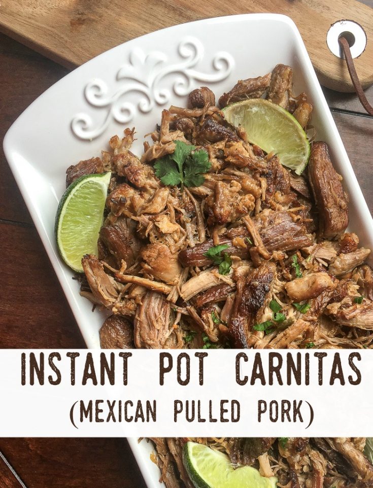 Try these amazing Instat pot carnitas, or Mexican pulled pork. It's a great dinner idea, budget friendly, and makes a ton. Perfect for tacos, burritos, ot lettuce wraps. Keto friendly and paleo, too. 