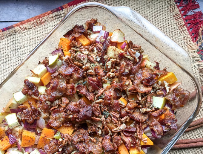 Apple Butternut Squash Casserole with Bacon Pecan topping