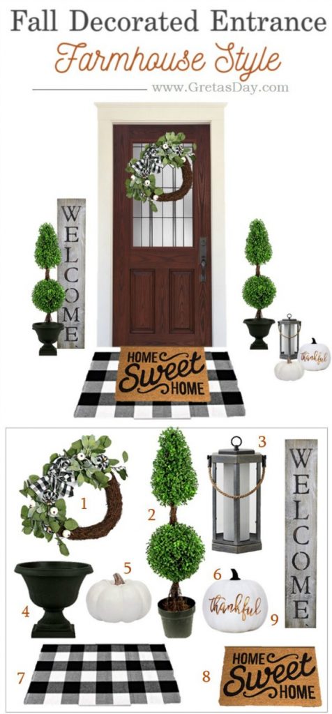 Farmhouse porch decor for fall featuring buffalo plaid and topiary trees. 