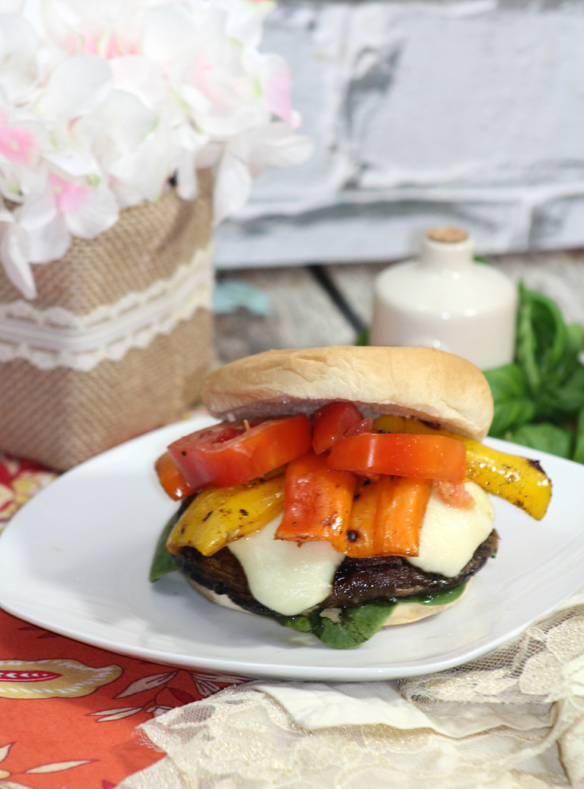 portobello mushroom burger with mozzarella and bell peppers