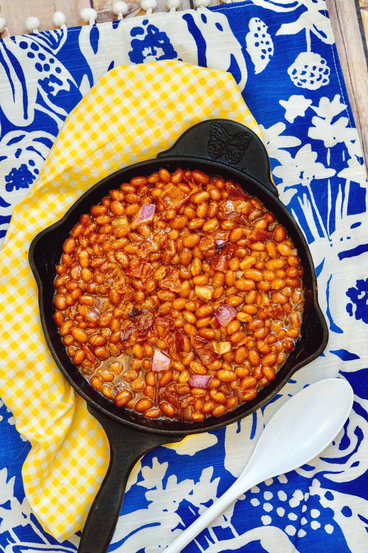 Coca cola baked beans in a cast iron skillet