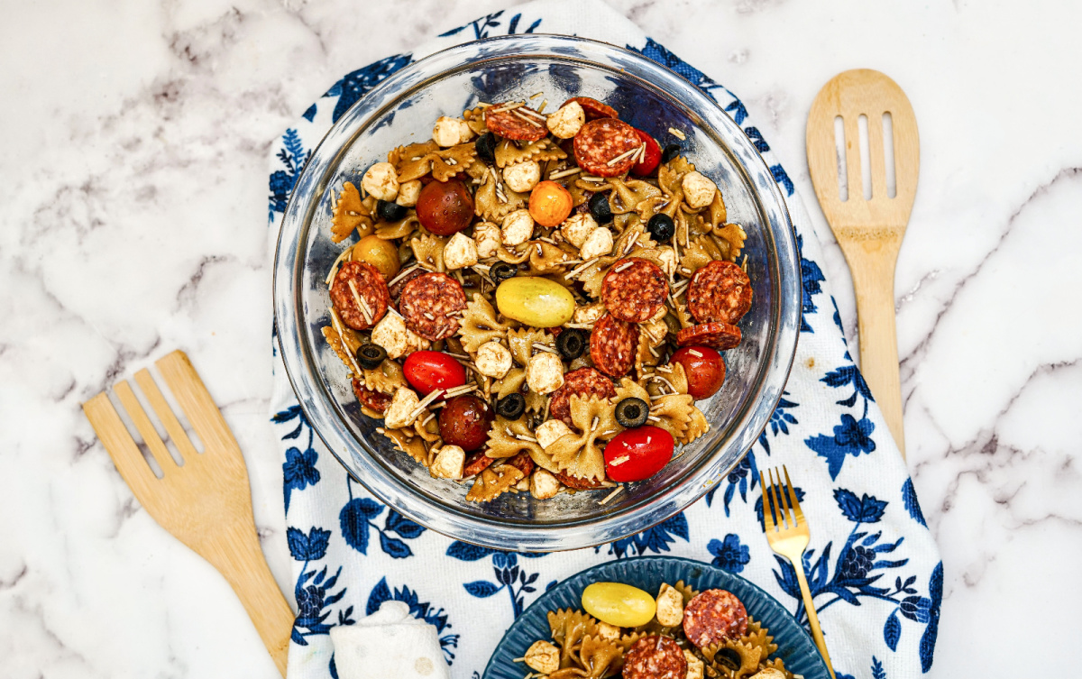 Easy to make balsamic pasta salad with mozzarella pearls