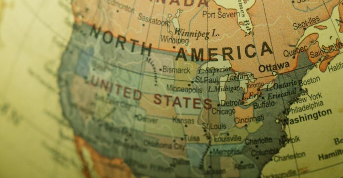 Close-up of a vintage globe focusing on North America with detailed outlines.