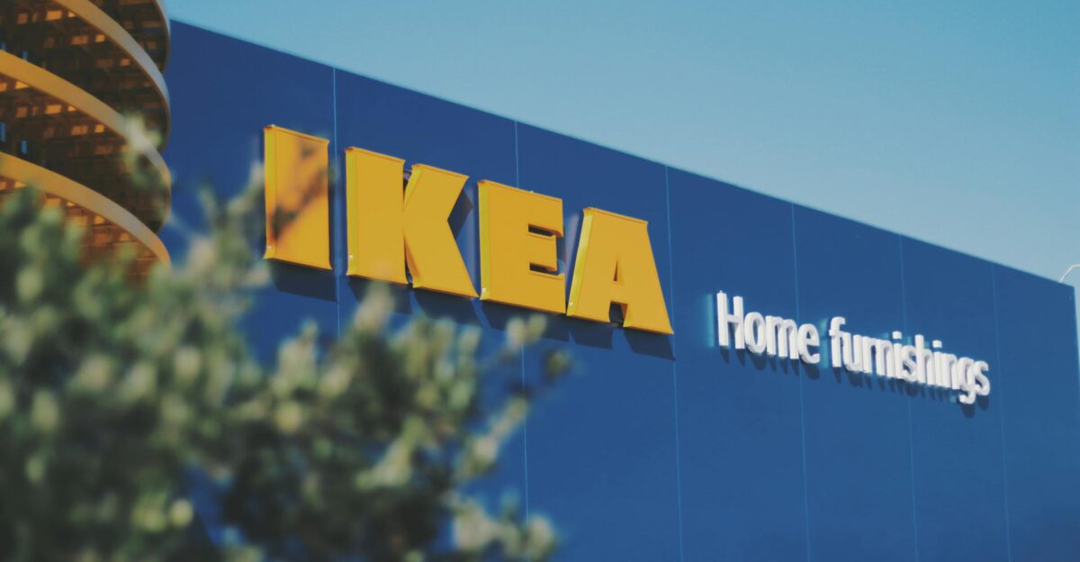 Beautiful image of a blue IKEA storefront with visible home furnishings sign
