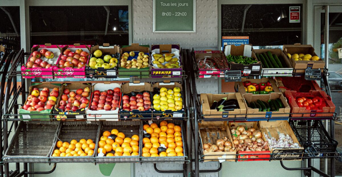 a display of fruits and vegetables in a store