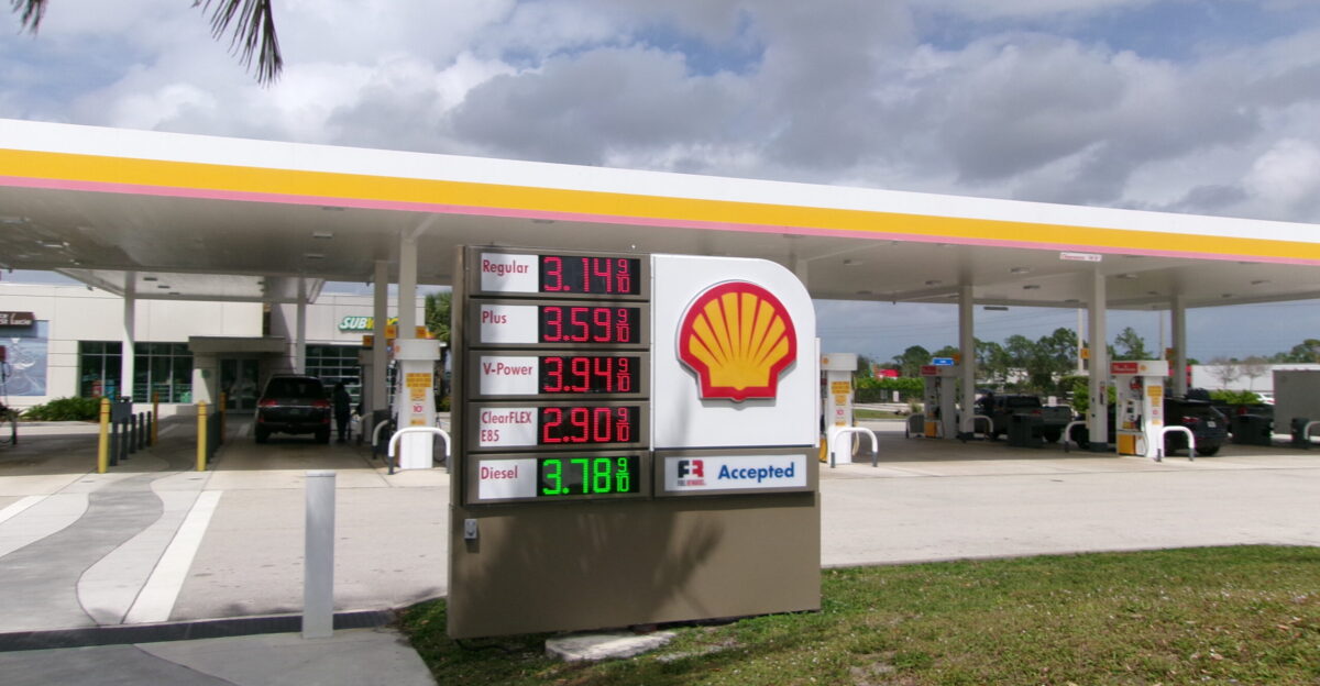 Close-up view of the Shell gas station sign with price displays at the Shell gas station within the Fort Pierce Service Plaza in Port Saint Lucie Florida Besides your standard prices for regular unleaded mid-grade unleaded Plus and premium unleaded V-Power stations along the turnpike also contain gas prices for Clean Flex E85 fuel and diesel fuel