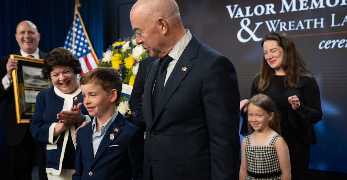 WASHINGTON May 14 2024 Homeland Security Secretary Alejandro Mayorkas and Senior Official Performing the Duties of the Deputy Secretary Kristie Canegallo participates in a Valor Memorial and Wreath Laying Ceremony at US Immigration and Customs Enforcement Headquarters in Washington DC DHS photo by Sydney Phoenix