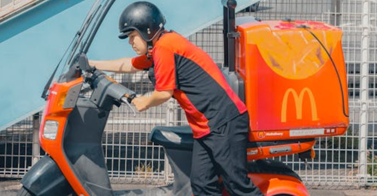 McDonald's delivery scooter and rider in urban Tokyo, Japan with modern architecture backdrop.