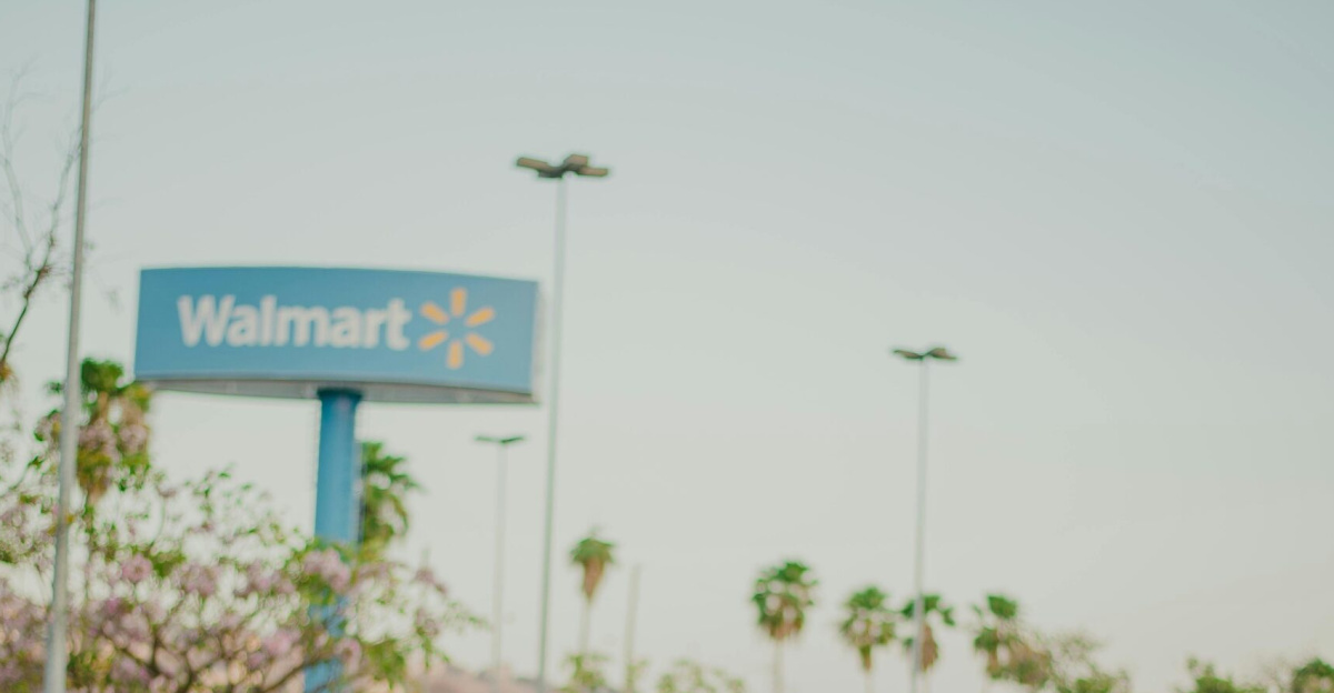 A couple in checkered shirts experiences a romantic moment while walking in a Walmart parking lot.