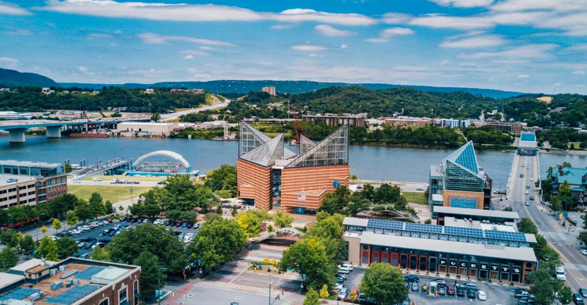 Beautiful aerial view of Chattanooga Tennessee showcasing the downtown area and Tennessee River