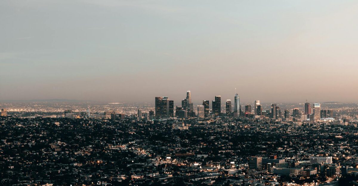Captivating aerial view of Los Angeles skyline with a tranquil dusk ambiance