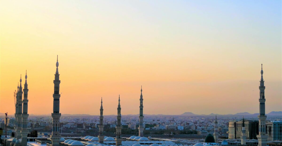 Stunning view of the Prophet s Mosque minarets at sunset in Medina Saudi Arabia