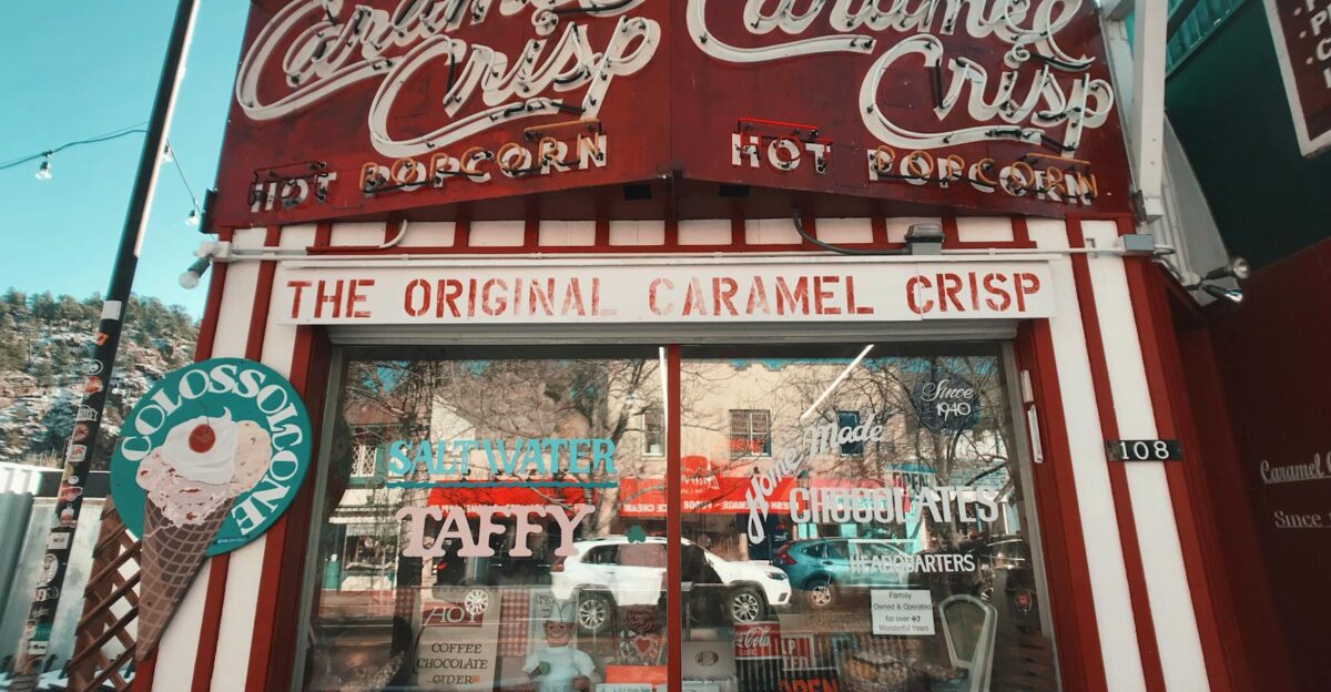 Iconic Caramel Crisp snack bar offering taffy and hot popcorn in Estes Park Colorado