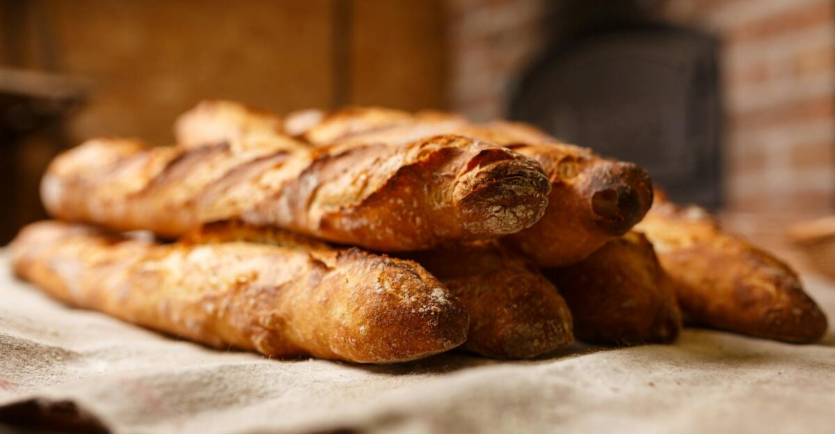 Warm freshly baked rustic baguettes stacked in a cozy bakery setting