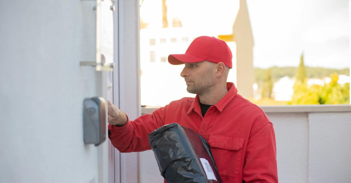 Courier in red uniform delivering a package to a house in Portugal during the day