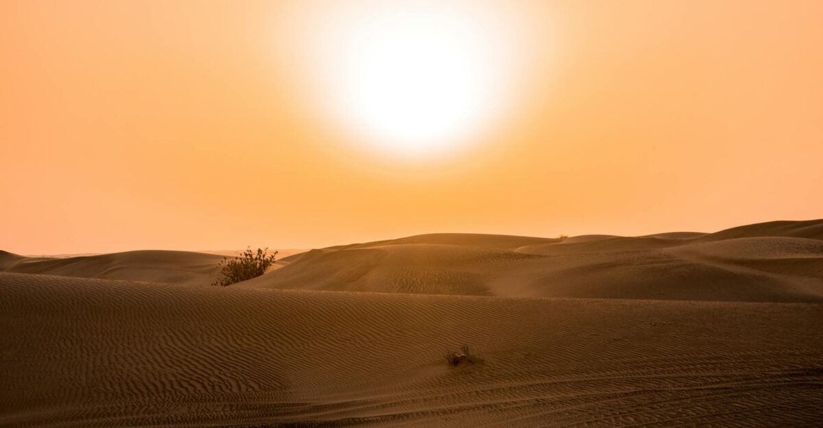 Scenic view of the sun setting over sand dunes in the Dubai desert