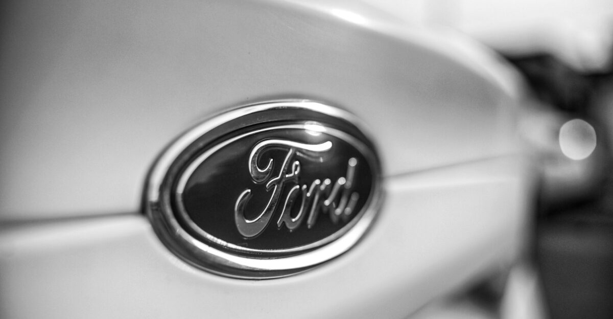 grayscale photography of Ford emblem