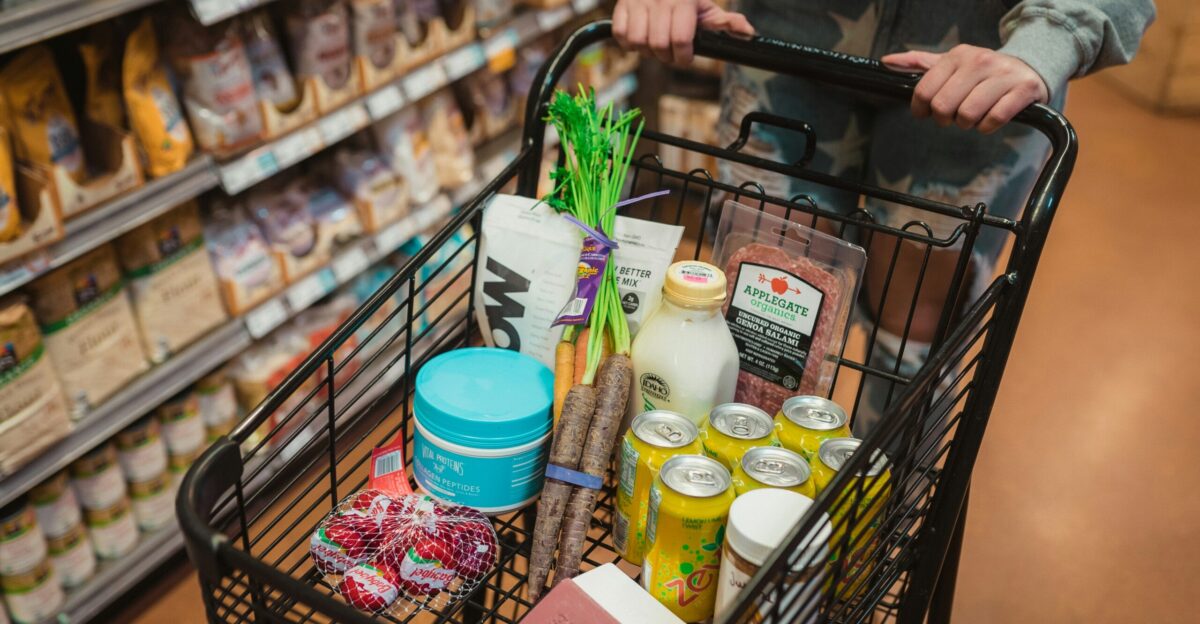 a person pushing a shopping cart full of food
